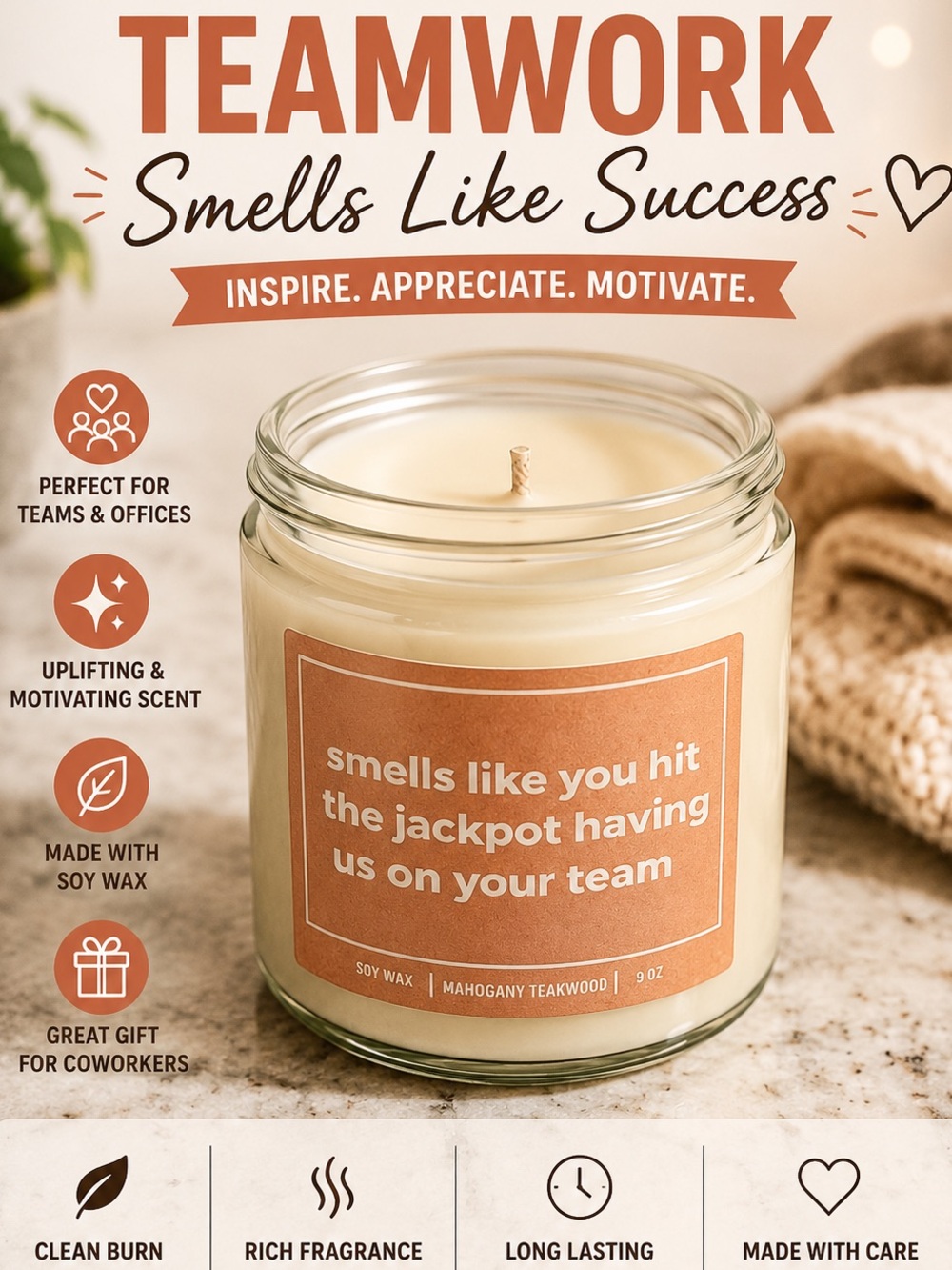 Teakwood Teamwork 'Smells Like Success' Soy Candle - Cream with Terracotta Label